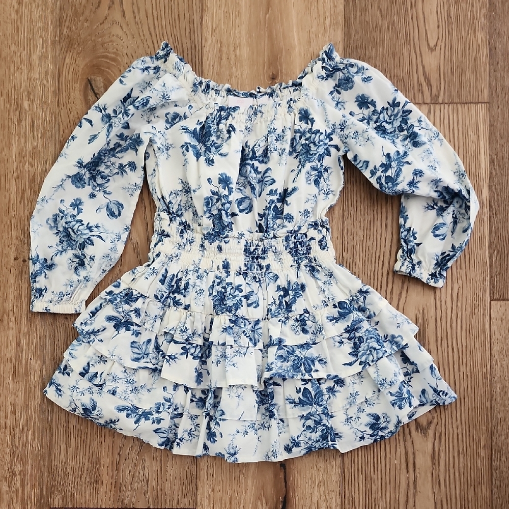 Floral Blue and White Off-Shoulder Dress